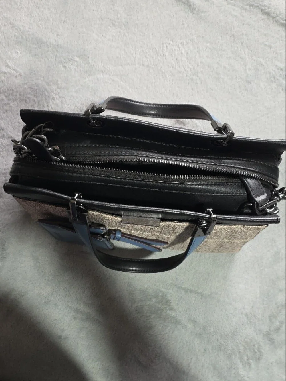 Calvin Klein Beige Monogram Satchel with Black Trim and Blue Tag